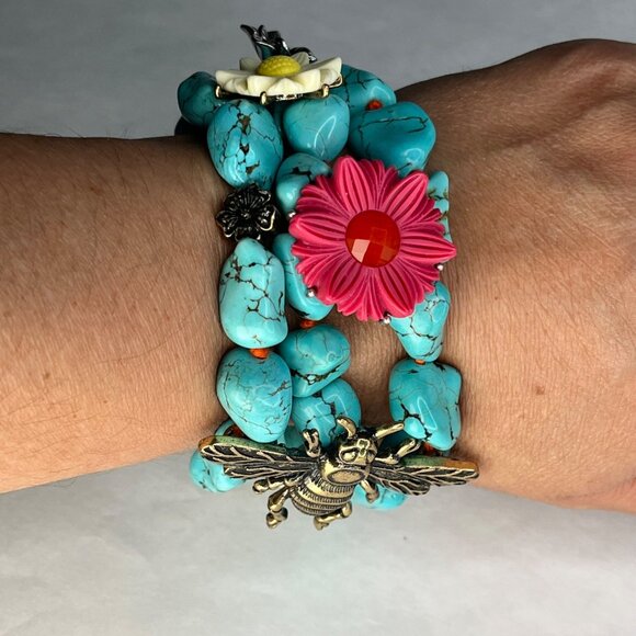 Lucky brand Turquoise Stone Chunky Bracelet With Bee & Flower Accents boho - Picture 5 of 8